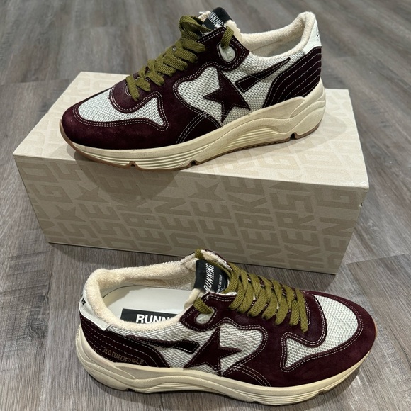 Golden Goose Running Sole Net Upper Shiny Suede Star Red Wine Silver Sneakers - Picture 3 of 14